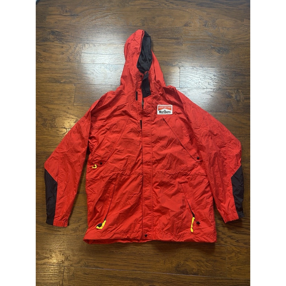 Vintage Marlboro Adventure Team Red Hooded Rain Jacket Mens Large Nylon Shell